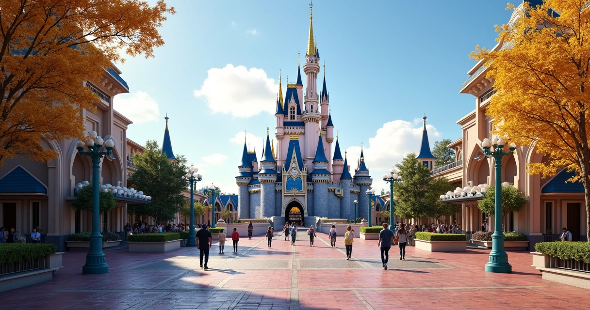 Entrada de parque Disney vazio em baixa temporada 