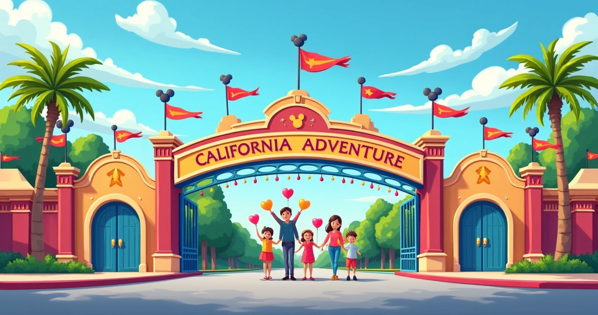 Fachada colorida do Disney California Adventure Park com turistas 
