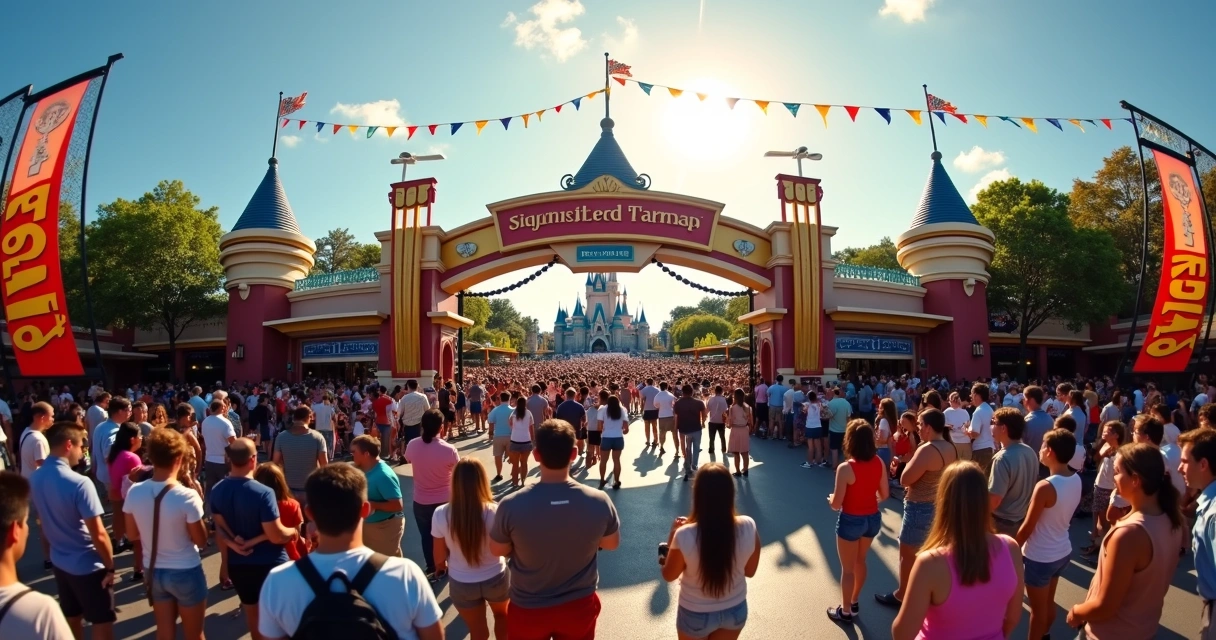 Parque Disney cheio de visitantes com fila na entrada