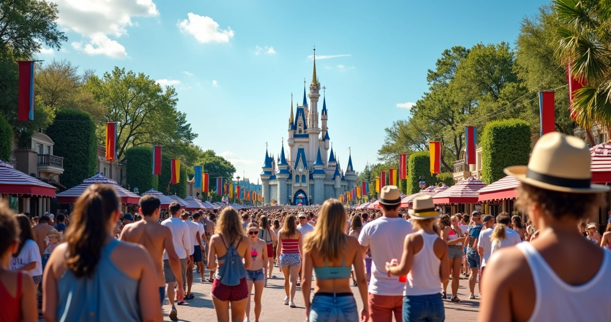 Visitantes com roupas leves em parque temático de Orlando 