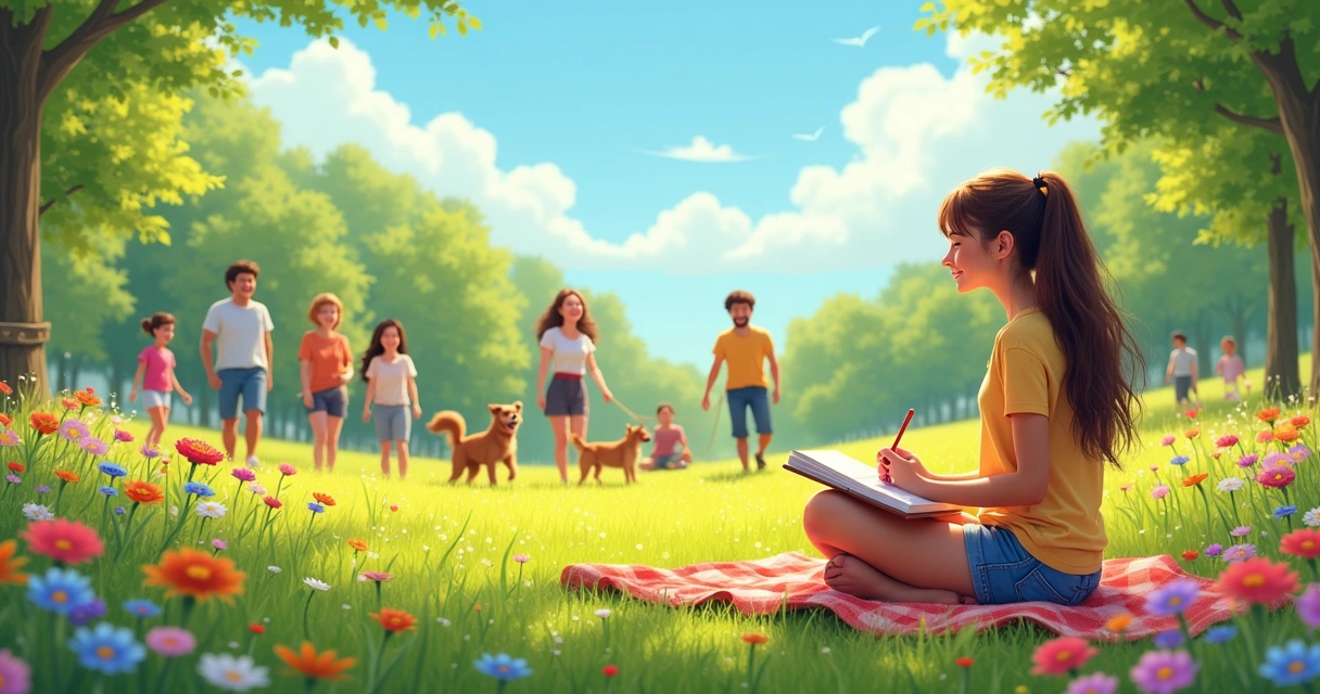 Um parque ensolarado com pessoas sorridentes interagindo, simbolizando gratidão e positividade.