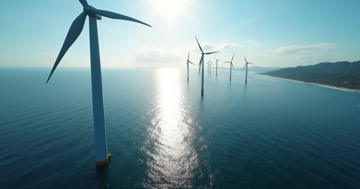 Turbinas eólicas offshore alinhadas no mar calmo 