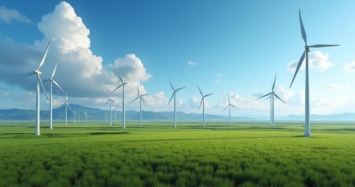 Parque eólico terrestre em área plana, turbinas alinhadas 