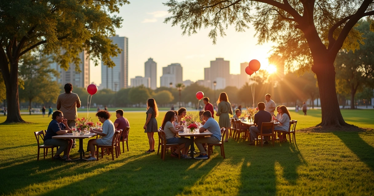 Pessoas de diferentes idades reunidas em um parque de Orlando, decorando uma área para um evento, com mesas, flores e balões 