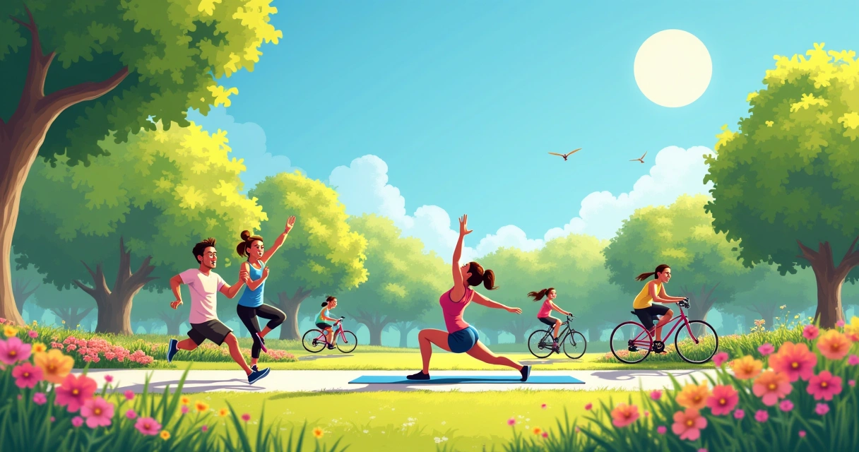Cenário de um parque ensolarado com pessoas se exercitando, correndo, fazendo yoga e andando de bicicleta.