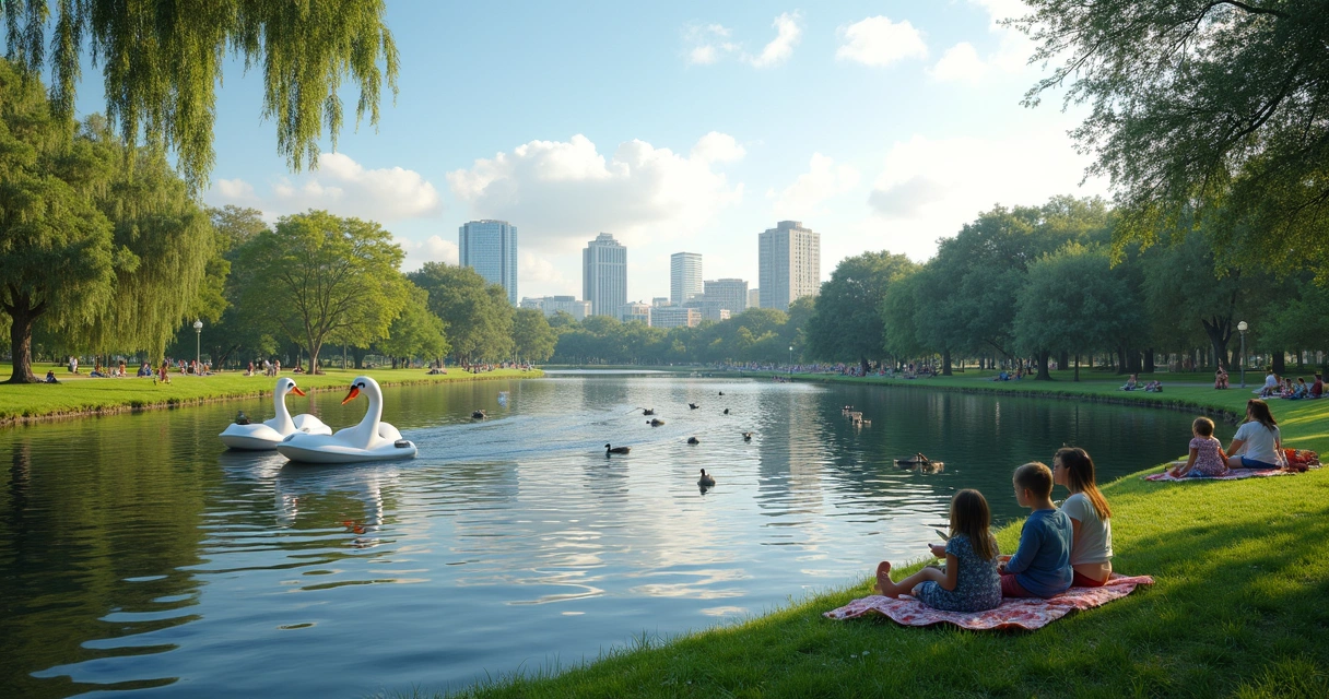 Pedalinhos no lago Eola, árvores e cidade ao fundo 