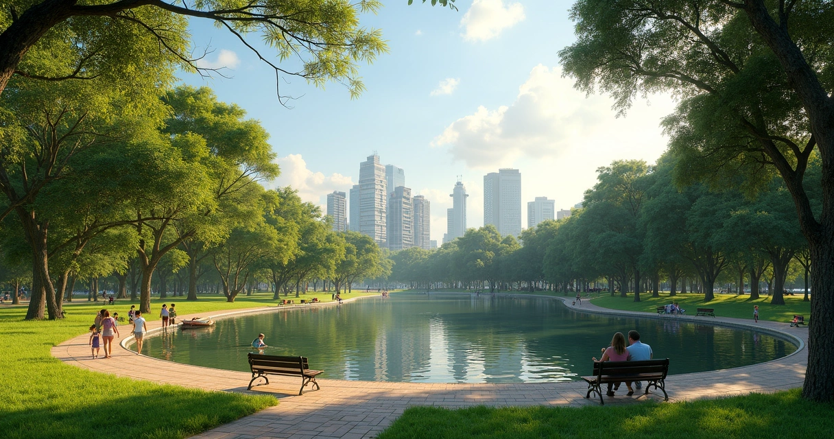 Parque arborizado com lago e famílias caminhando em Paulínia 