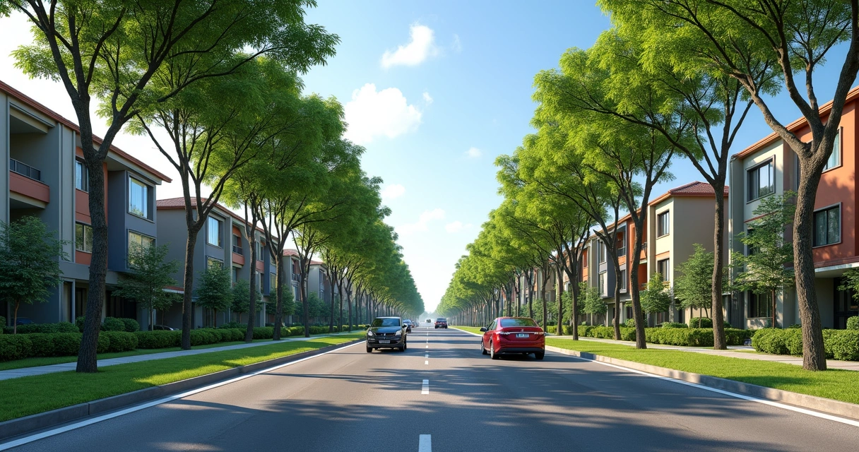 Avenida em bairro moderno com carros e árvores ao fundo, Campinas 