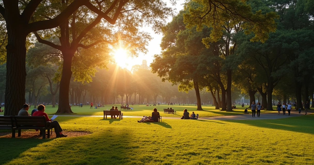 Pessoas relaxando no gramado do Parque da Redenção ao entardecer, com árvores altas ao fundo, em Porto Alegre. 