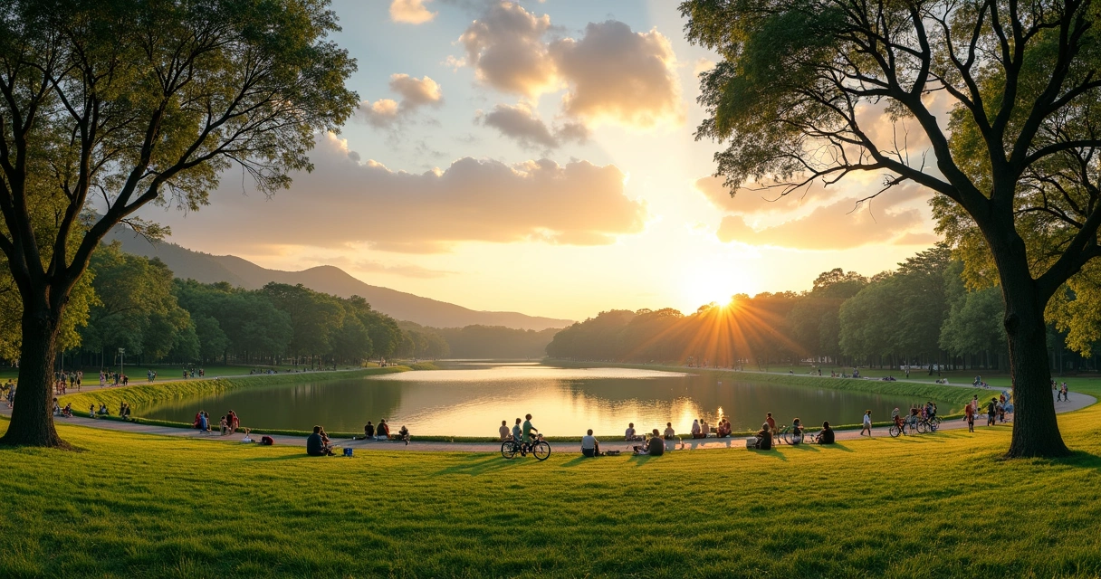Vista panorâmica do Parque da Represa, áreas verdes, lago e pessoas caminhando 
