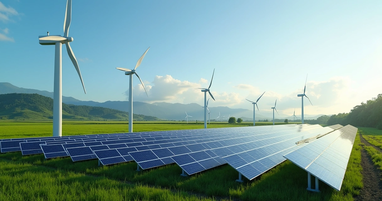Parque solar e parque eólico com turbinas de vento e painéis fotovoltaicos sob céu azul 