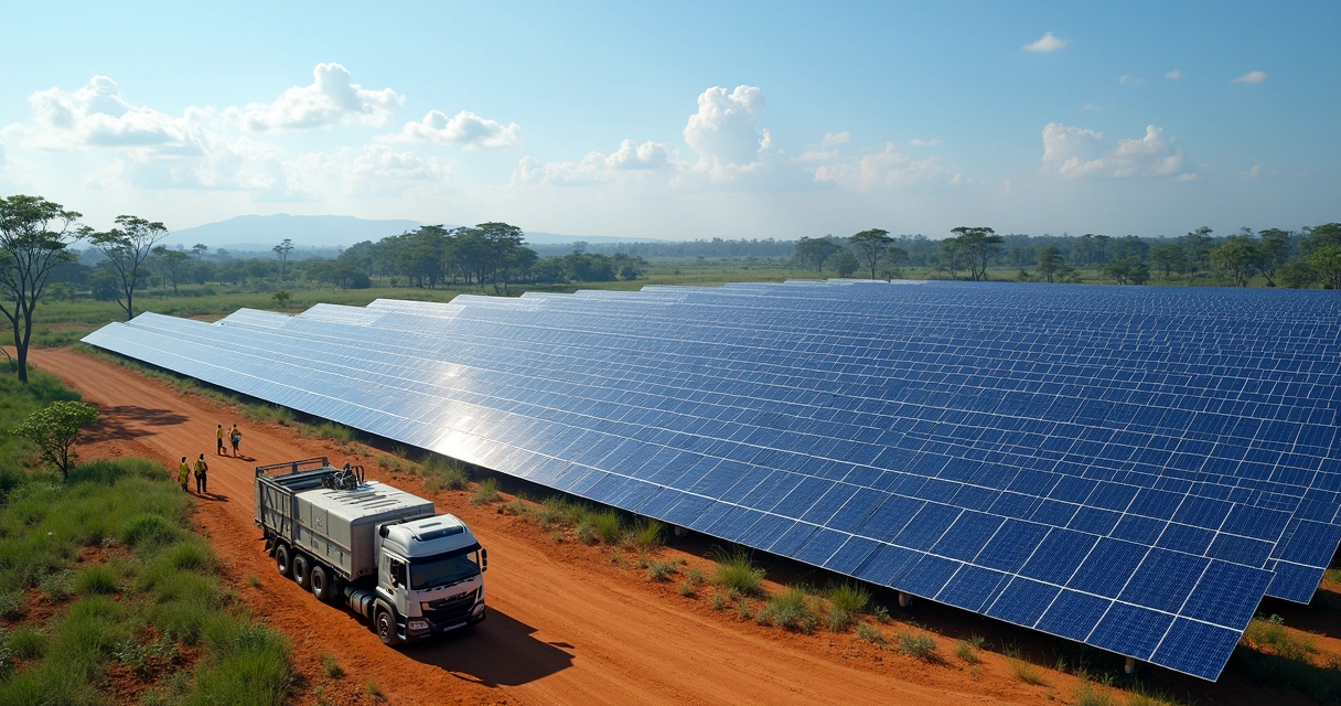 Vista aérea de parque solar industrial com painéis solares alinhados