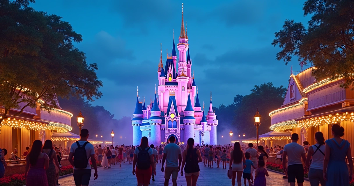 Parque temático inspirado na Disney com castelo, visitantes sorridentes, funcionário ajudando família e espetáculo mágico.