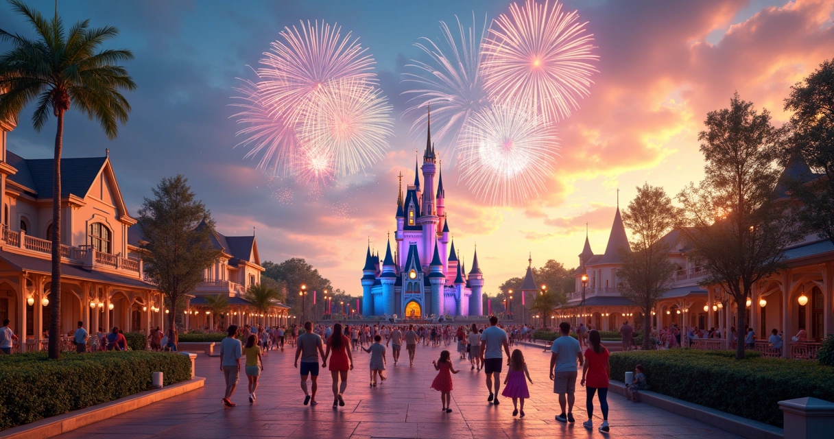 Vista panorâmica de parque temático da Disney em Orlando com castelo ao fundo 