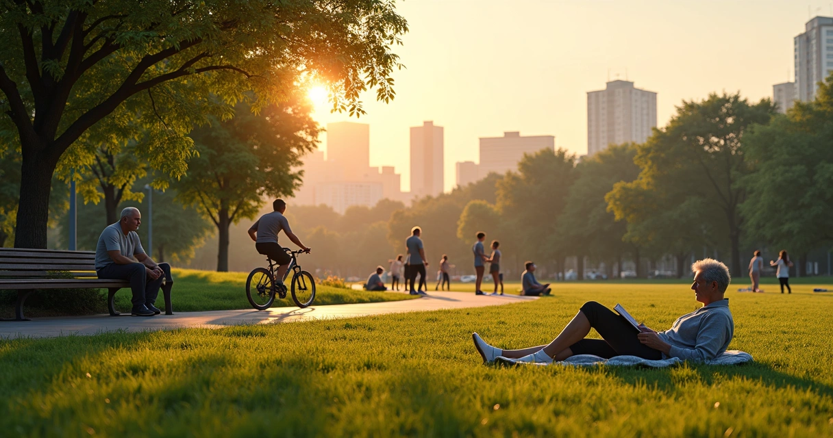 Personas descansando y jugando en un parque urbano al atardecer 