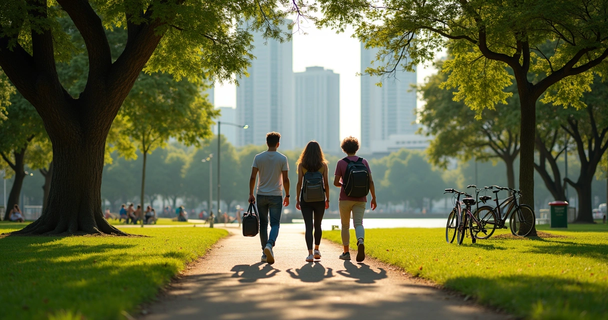 Staycation: Guia Prático Para Férias e Turismo na Sua Cidade 3 Jovens caminhando em trilha de parque urbano brasileiro