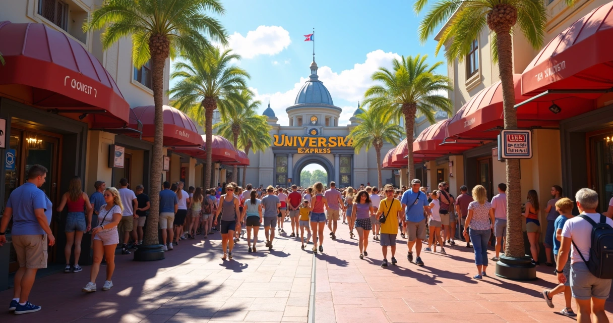 Visitantes caminhando no corredor de fila expressa de uma atração da Universal 