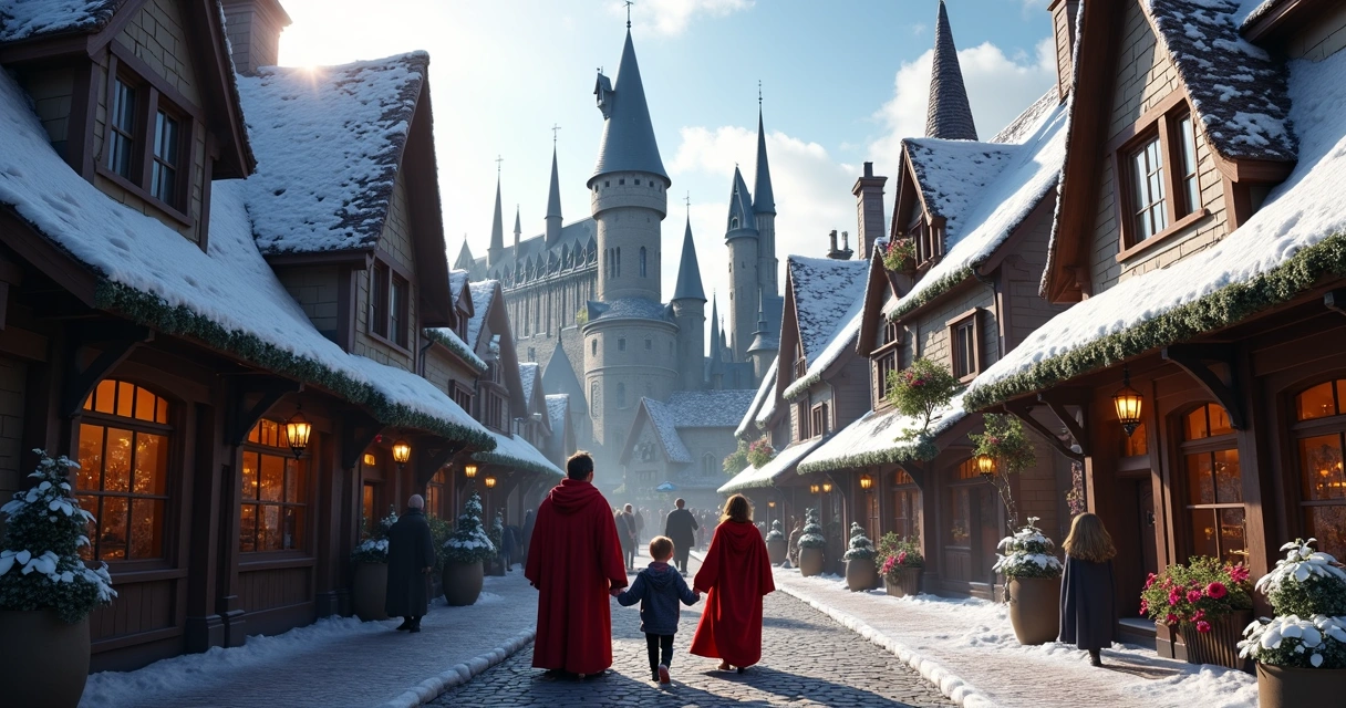 Área Harry Potter no Universal Studios com famílias à frente 