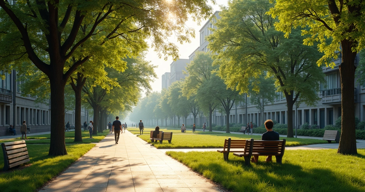 Parque urbano con bancos, árboles y personas caminando en un entorno tranquilo