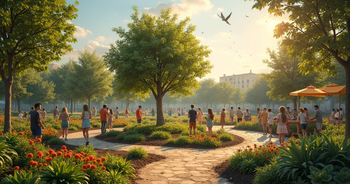 Parque urbano com pessoas plantando árvores, crianças brincando e feira de produtos locais.