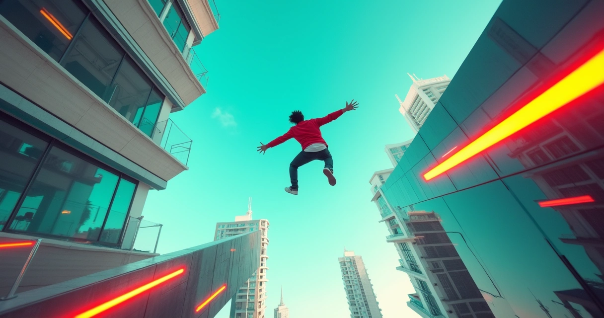 Jogadora de parkour em um salto acrobático em cenário futurista, prédios altos, céu azul e cores vibrantes.