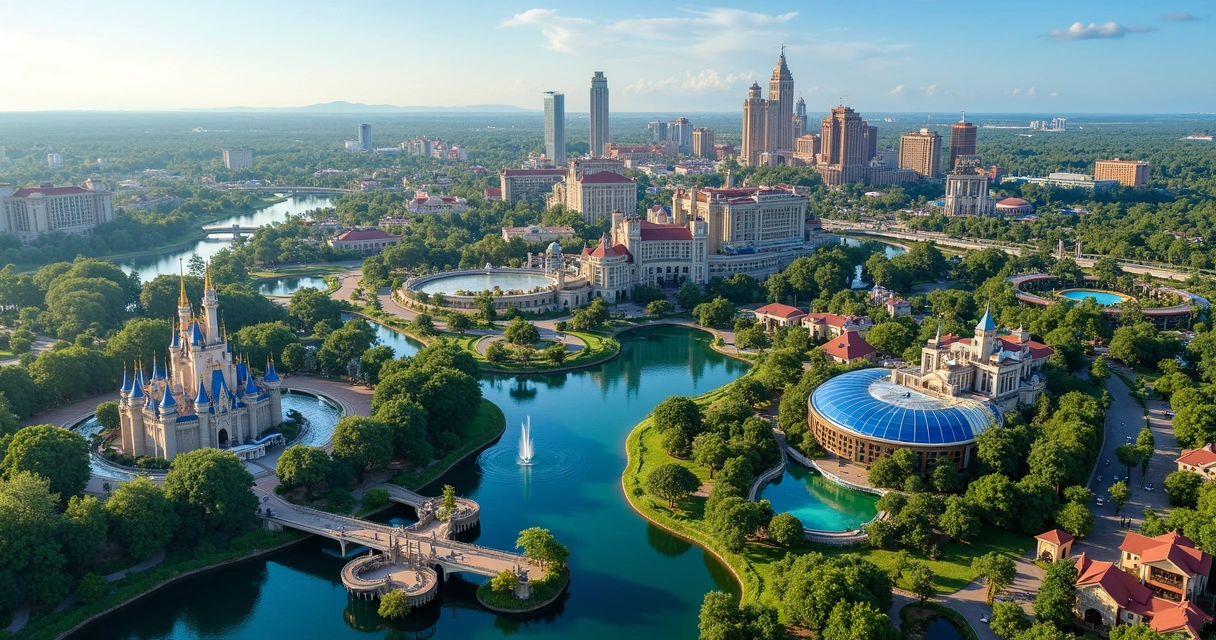 Vista aérea dos parques temáticos em Orlando, mostrando áreas da Disney e Universal
