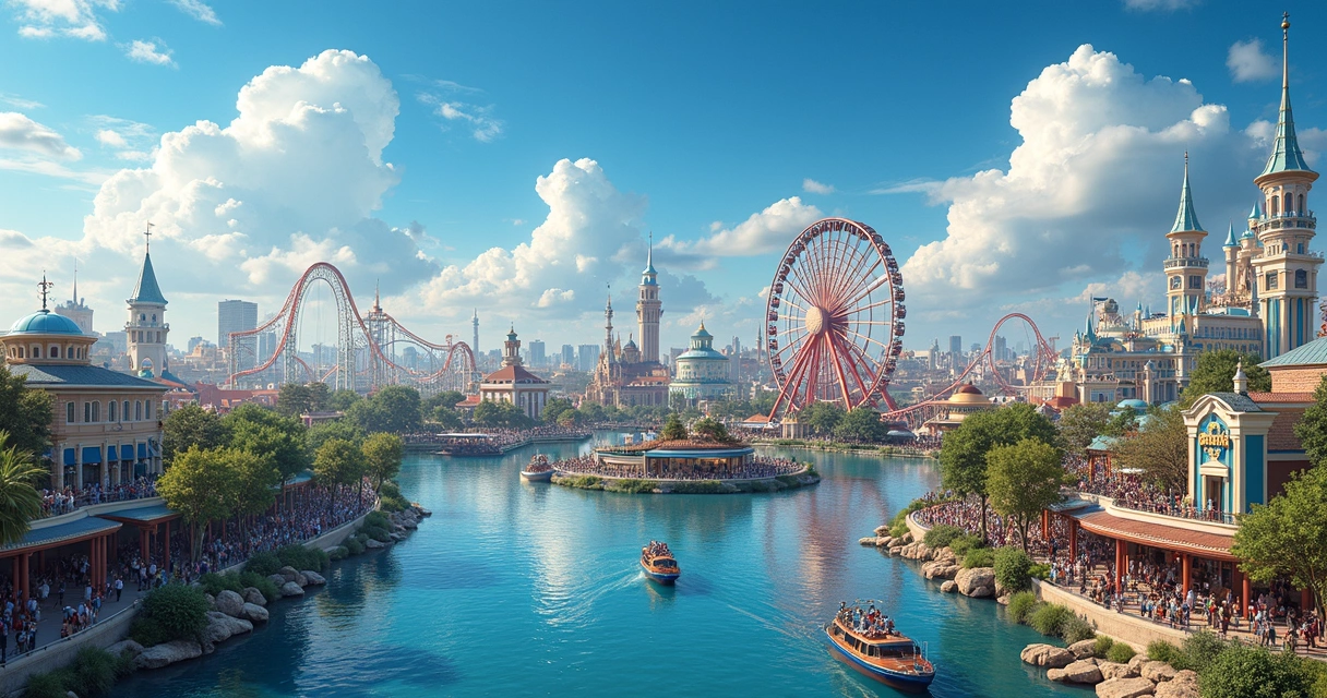 Parques temáticos de Orlando com visitantes e atrações modernas 