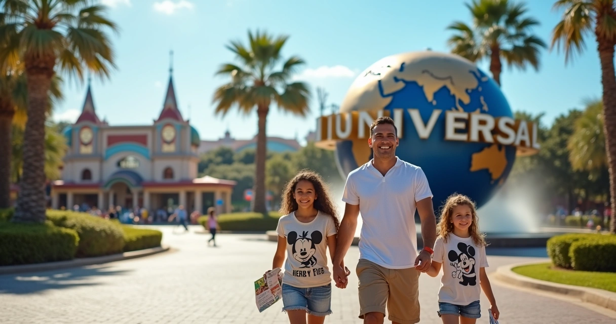 Família brasileira caminhando em frente ao globo da Universal Orlando em dia ensolarado 