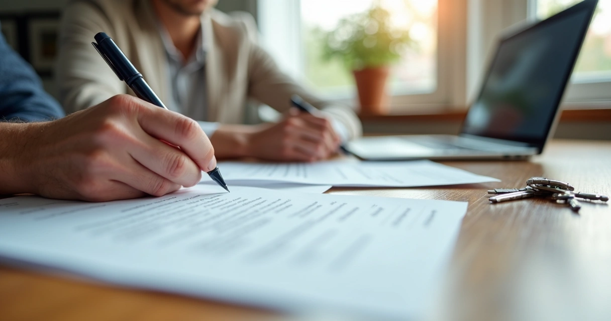 Locador e locatário assinando contrato de locação em uma mesa com documentos 