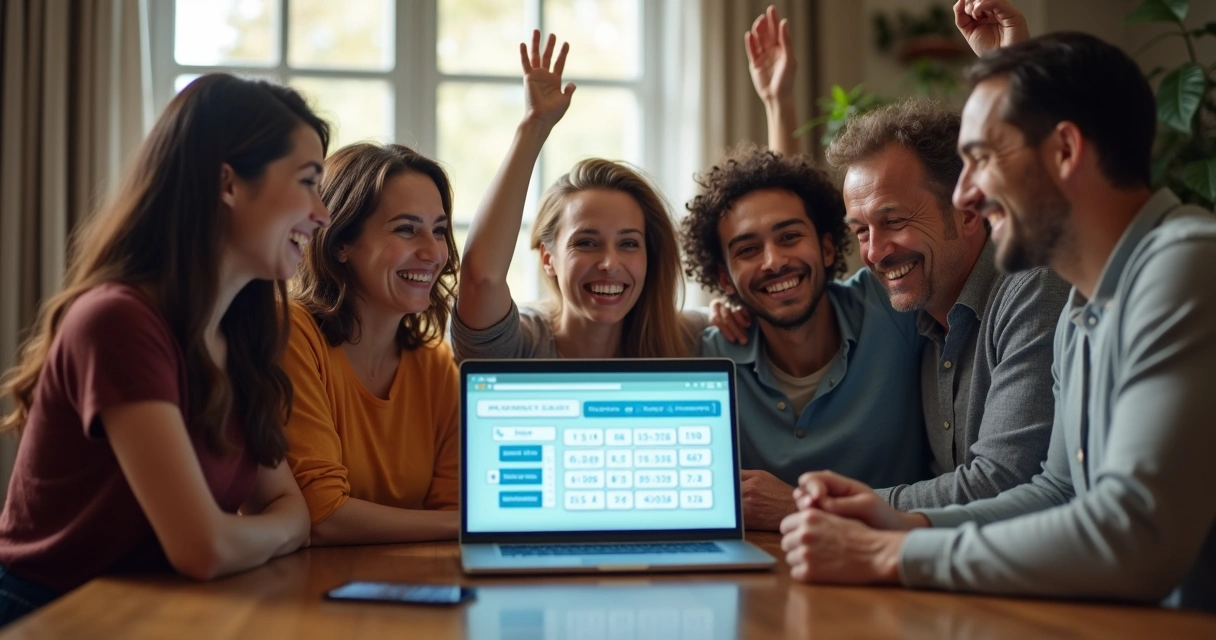 Grupo de pessoas comemorando juntos em frente a notebook com apostas da Mega da Virada 