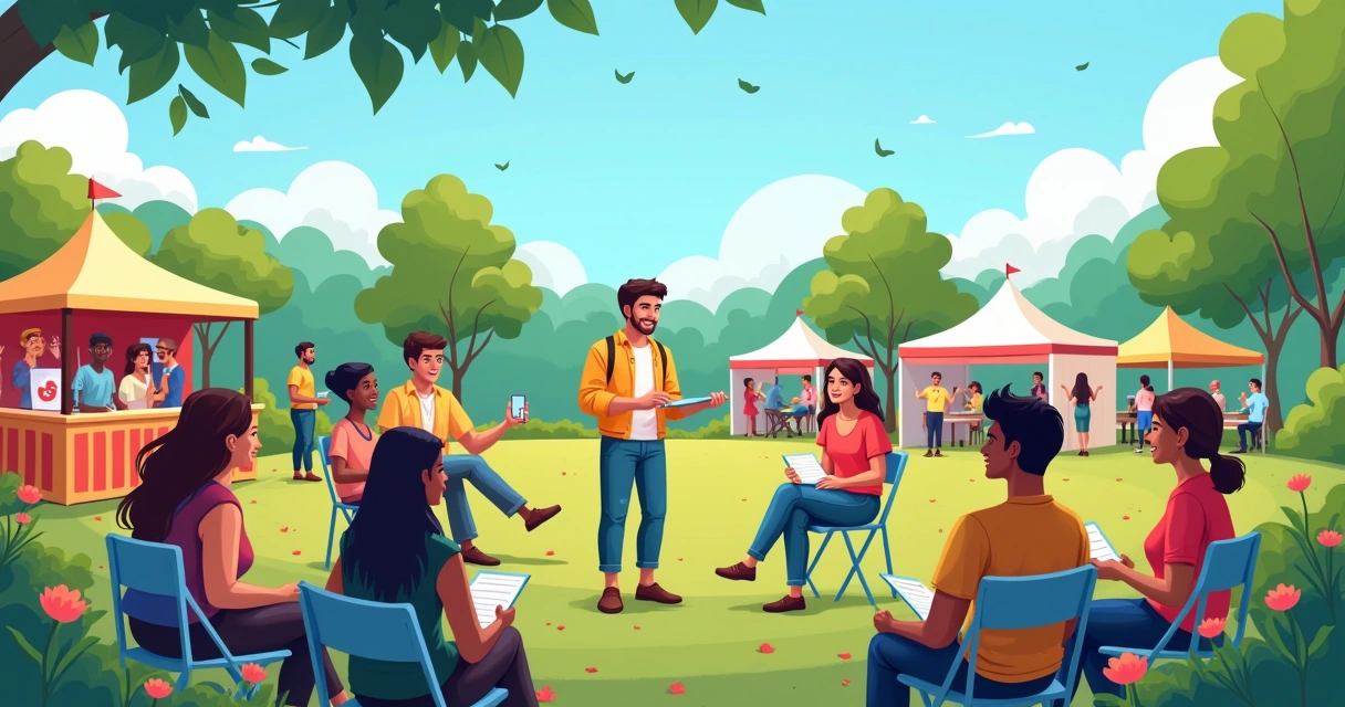 Reunião comunitária animada em um parque com pessoas discutindo ideias e participando de oficinas.