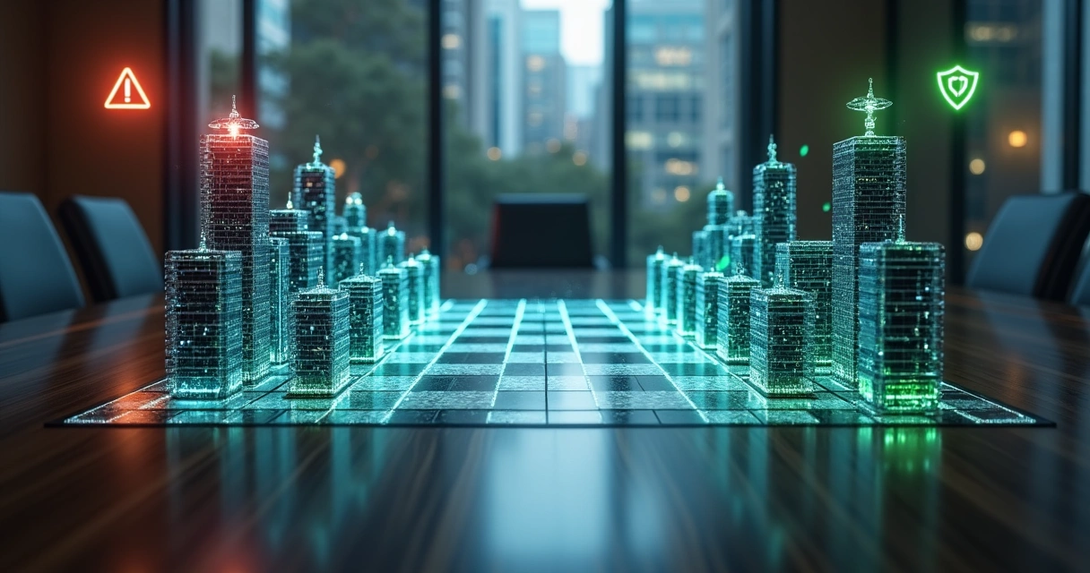Tabuleiro de xadrez com peças em formato de prédios corporativos interligados por linhas luminosas 