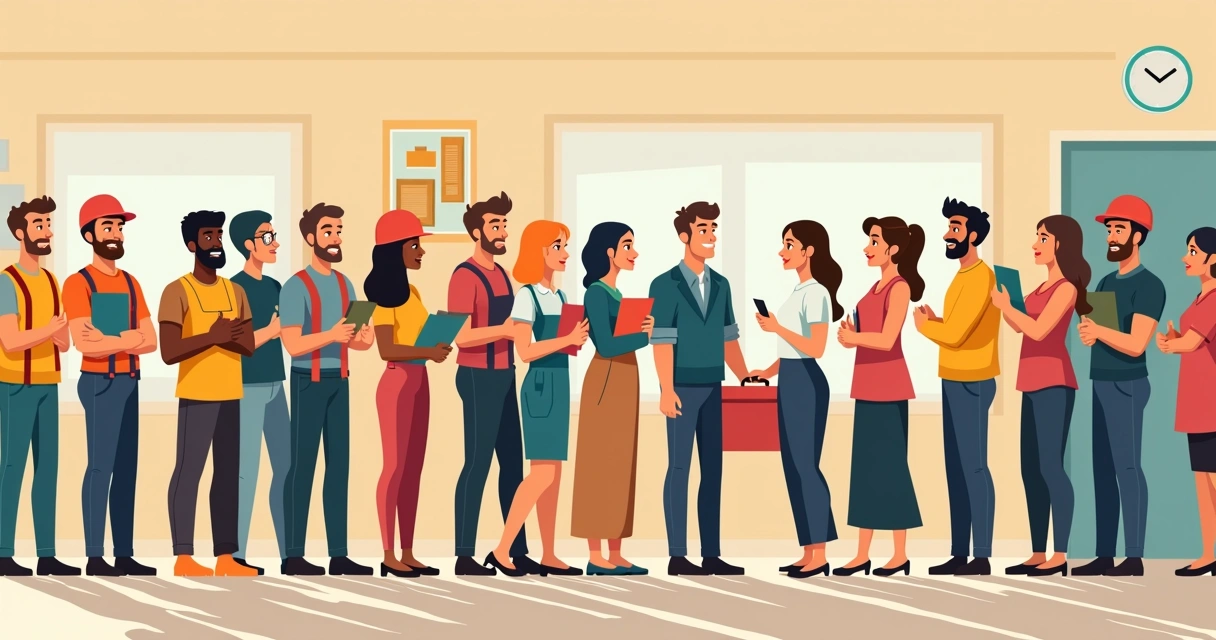Trabalhadores de diferentes setores em fila para votar em eleições sindicais 