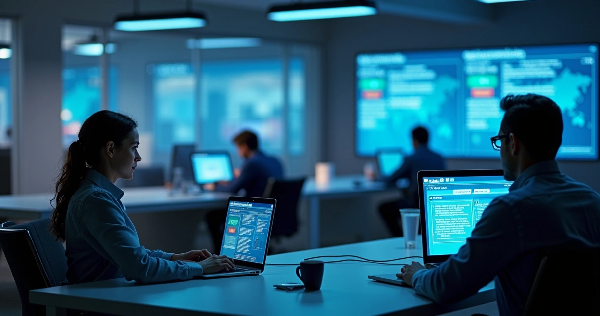 Empresários em ambiente digital participando de fórum online em computadores, trocando ideias e informações 