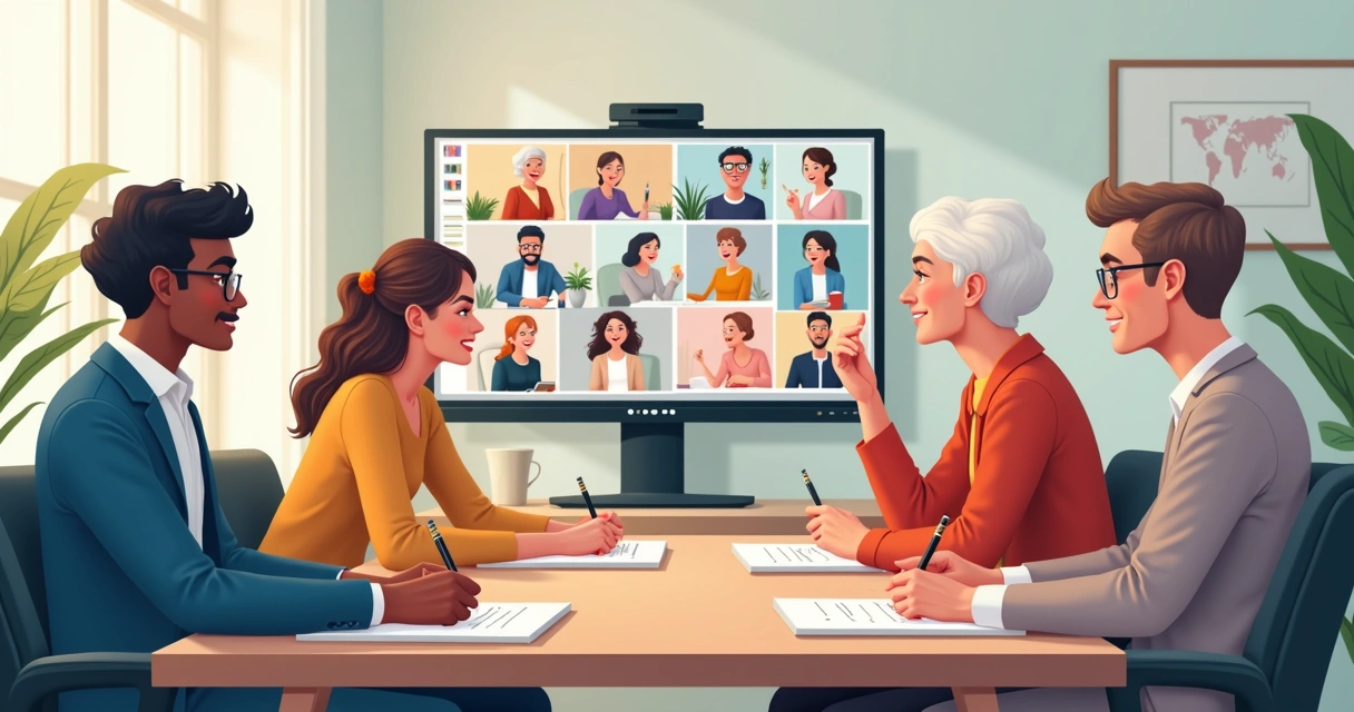 Jovens e idosos assistindo e debatendo juntos em reunião virtual 