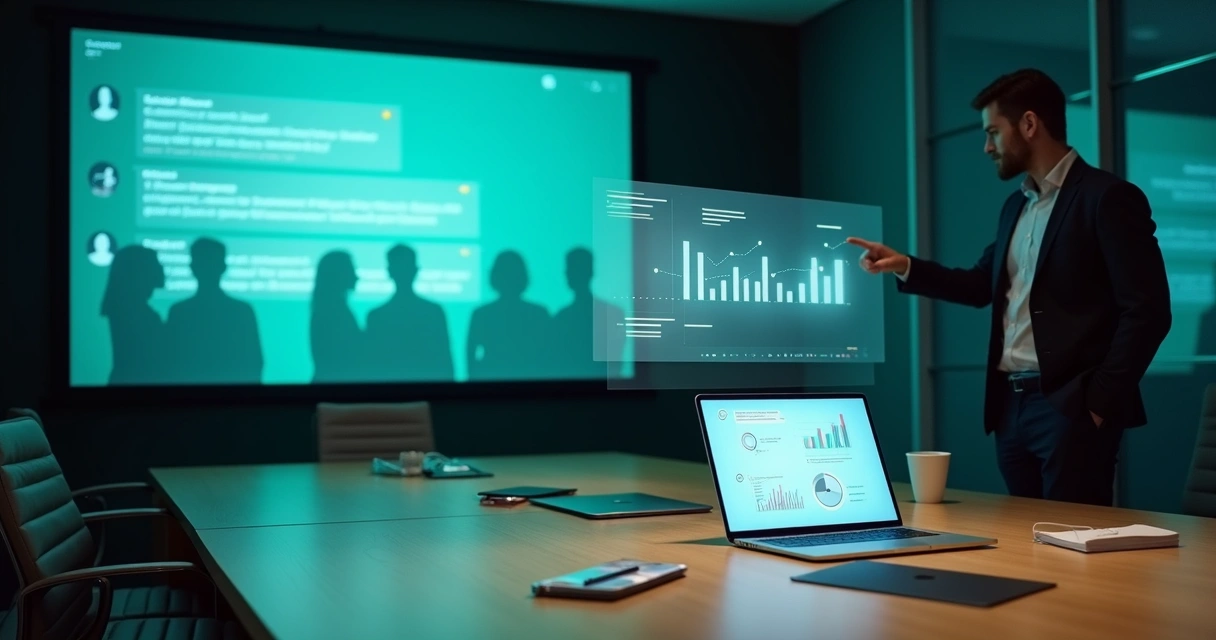 Administrador analisando participação em grupo de WhatsApp projetada na parede 