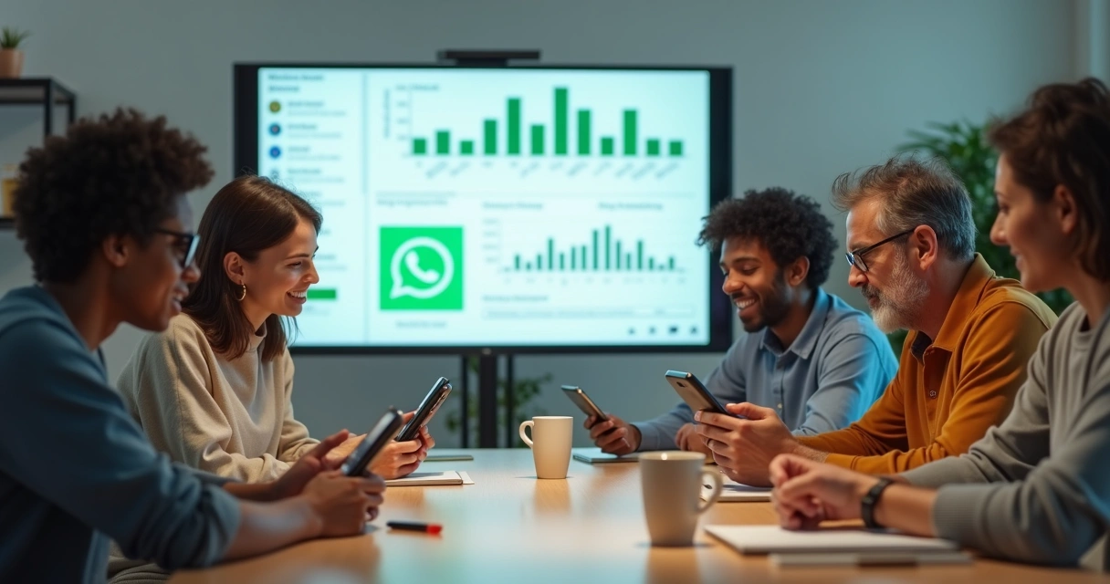 Pessoas analisando mensagens em um grupo de WhatsApp em uma mesa