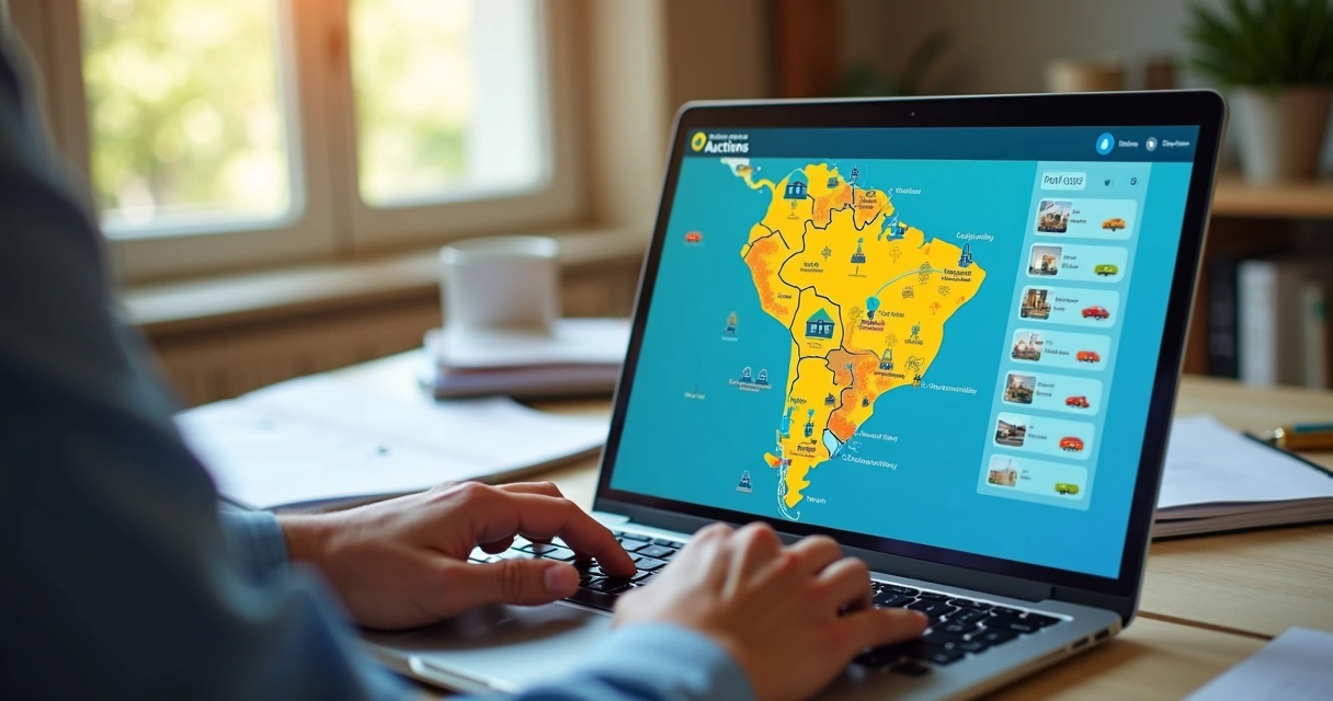 Pessoa acessando plataforma digital para leilões judiciais em notebook, com mapa do Brasil e ícones de imóveis e veículos na tela 