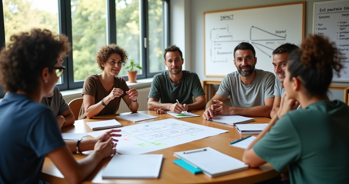 Grupo diverso em círculo discutindo projeto social com postura madura e colaborativa 