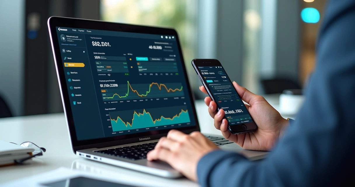 Pessoa utilizando notebook e smartphone para acompanhar pregão eletrônico com gráficos e notificações na tela 