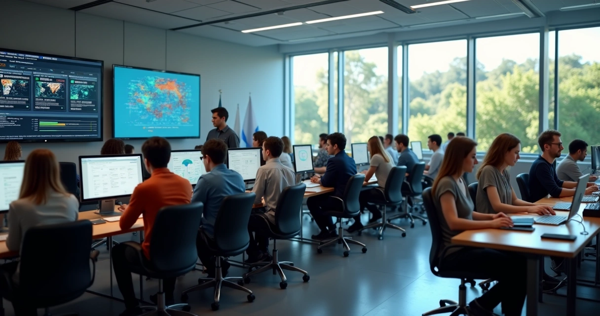 Sala diversa com pessoas usando computadores em audiência digital 