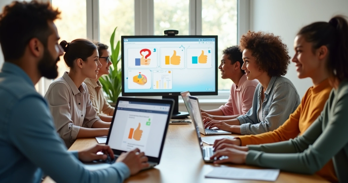 Pessoas em uma reunião virtual interagindo com reações digitais na tela