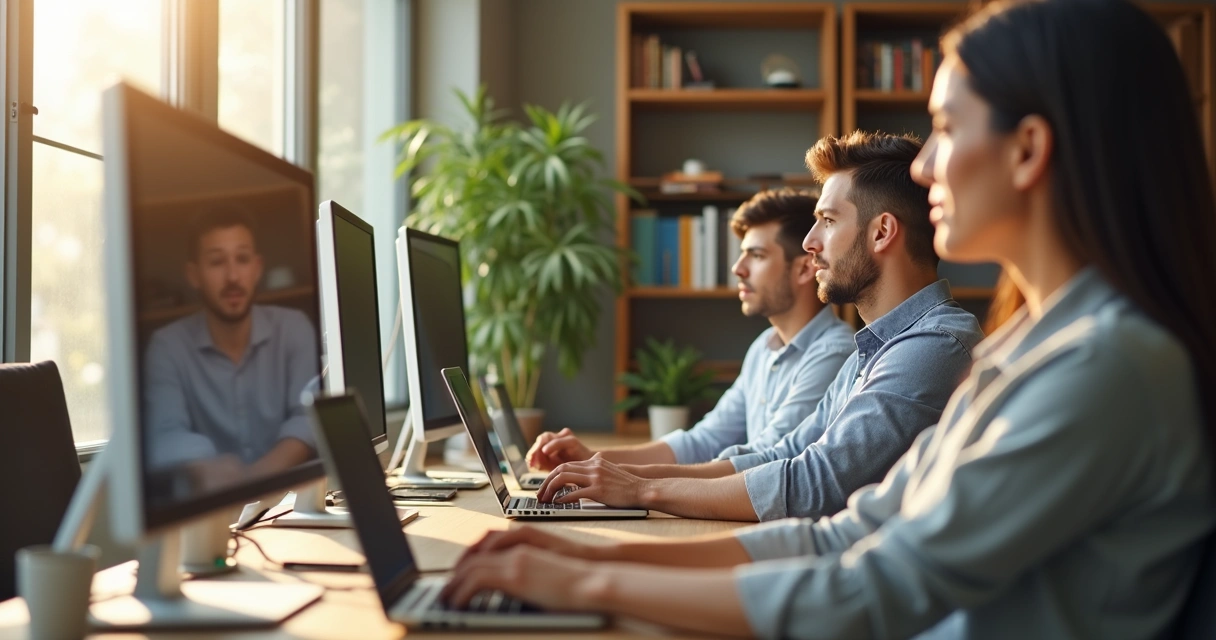Participantes atentos em uma reunião virtual, todos com câmeras ligadas 