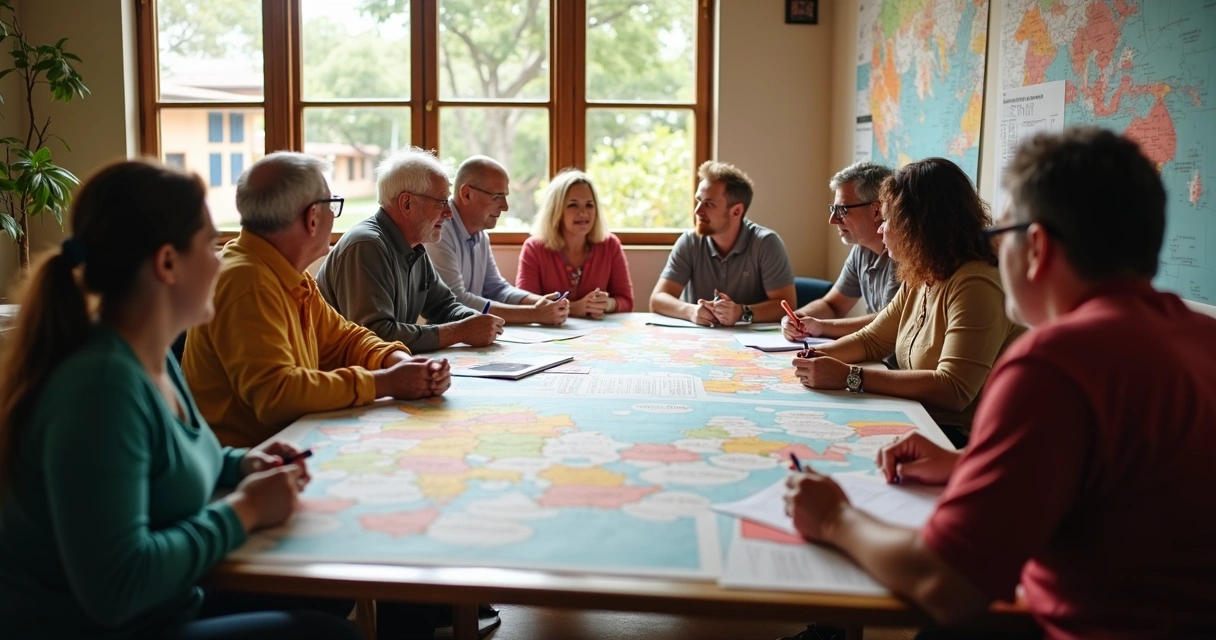 Reunião comunitária com pessoas analisando gráficos e mapas sobre indicadores sociais locais