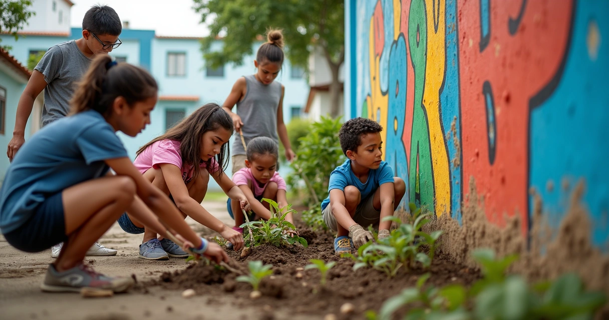 Moradores participando de ação comunitária 