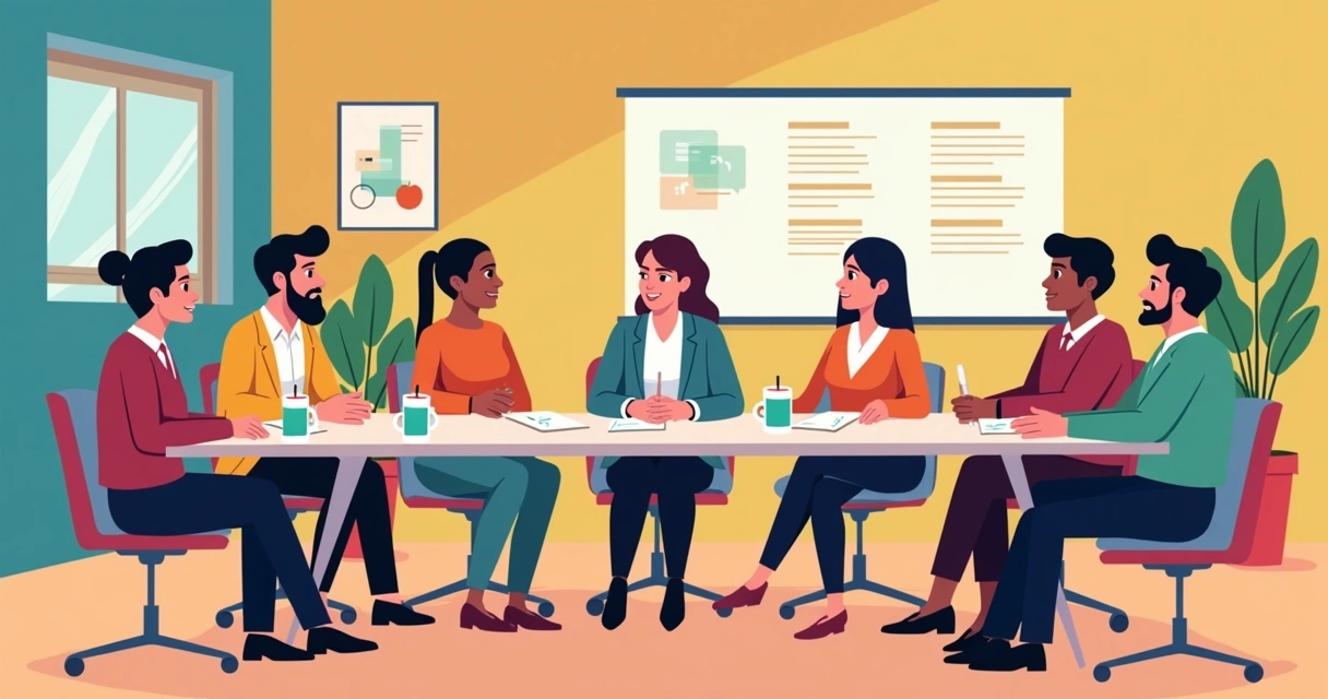 Trabalhadores em roda de conversa, trocando ideias em ambiente acolhedor. 