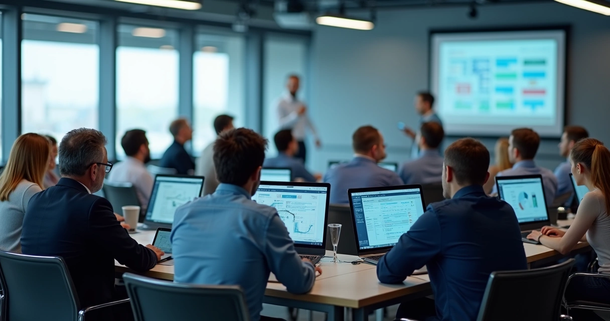 Colaboradores em sala de treinamento industrial, engajados em diferentes atividades 