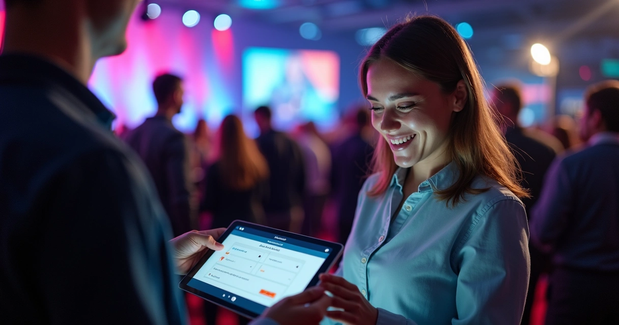 Participante usando aplicativo de evento em tela de tablet 