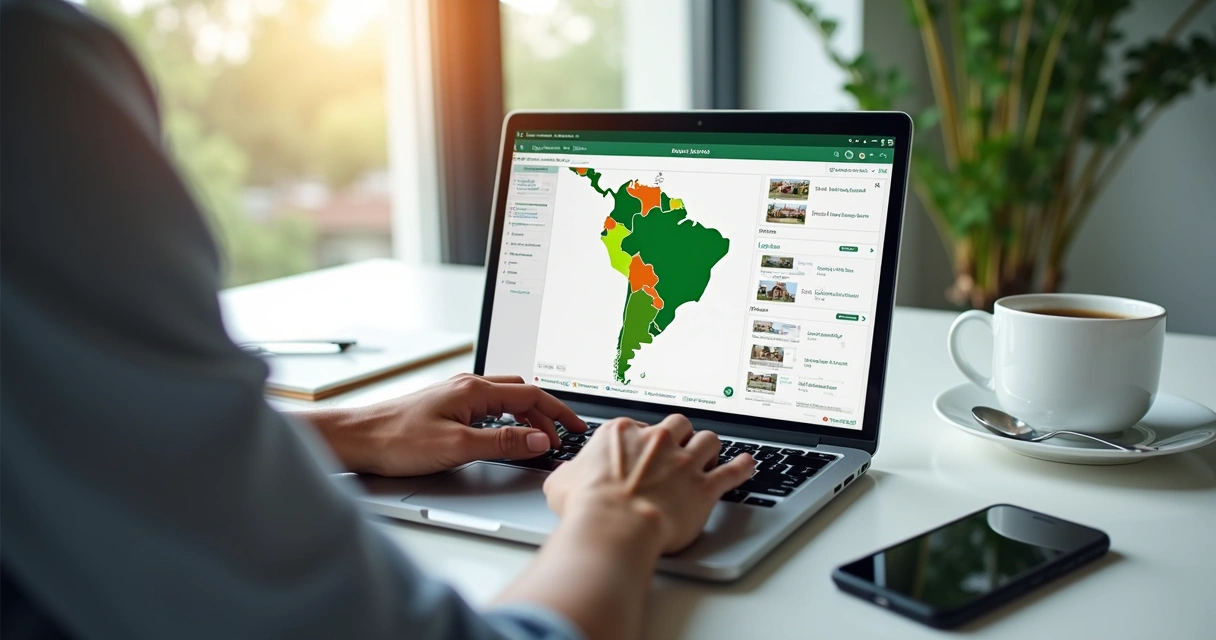 Pessoa participando de leilão de imóveis online com laptop mostrando plataforma de lances e mapa do Brasil ao fundo 