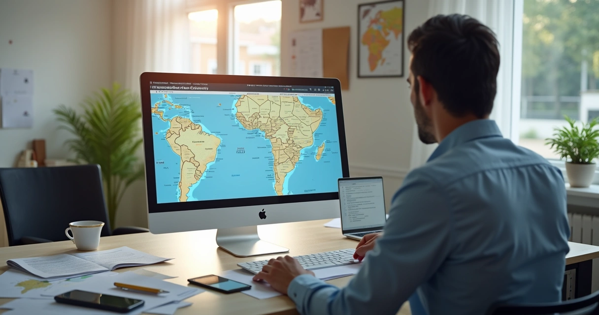 Pessoa analisando edital de leilão judicial com computador e documentos sobre mesa 